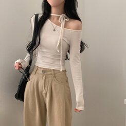 リボンチョーカー長袖Tシャツ IVORY