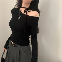 リボンチョーカー長袖Tシャツ BLACK