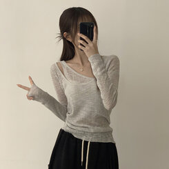 스킨스 원숄더 어깨 트임 레이어드 시스루 여름 긴팔 니트 티셔츠 2color 그레이