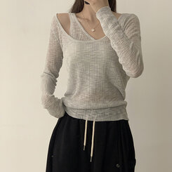 스킨스 원숄더 어깨 트임 레이어드 시스루 여름 긴팔 니트 티셔츠 2color 그레이