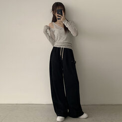 스킨스 원숄더 어깨 트임 레이어드 시스루 여름 긴팔 니트 티셔츠 2color 그레이