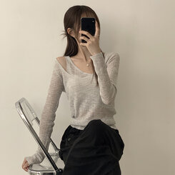 스킨스 원숄더 어깨 트임 레이어드 시스루 여름 긴팔 니트 티셔츠 2color 그레이