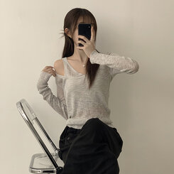 스킨스 원숄더 어깨 트임 레이어드 시스루 여름 긴팔 니트 티셔츠 2color 그레이