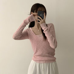 스킨스 원숄더 어깨 트임 레이어드 시스루 여름 긴팔 니트 티셔츠 2color 핑크