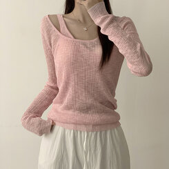 스킨스 원숄더 어깨 트임 레이어드 시스루 여름 긴팔 니트 티셔츠 2color 핑크