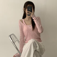 스킨스 원숄더 어깨 트임 레이어드 시스루 여름 긴팔 니트 티셔츠 2color 핑크