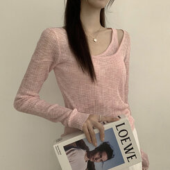 스킨스 원숄더 어깨 트임 레이어드 시스루 여름 긴팔 니트 티셔츠 2color 핑크