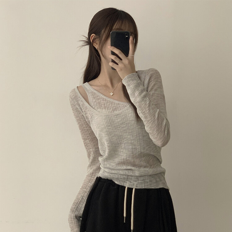 스킨스 원숄더 어깨 트임 레이어드 시스루 여름 긴팔 니트 티셔츠 2color 그레이