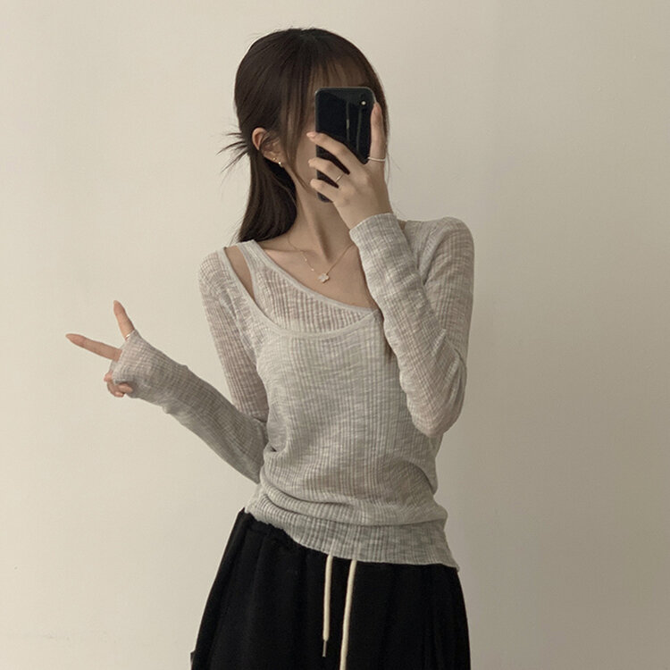 스킨스 원숄더 어깨 트임 레이어드 시스루 여름 긴팔 니트 티셔츠 2color 그레이