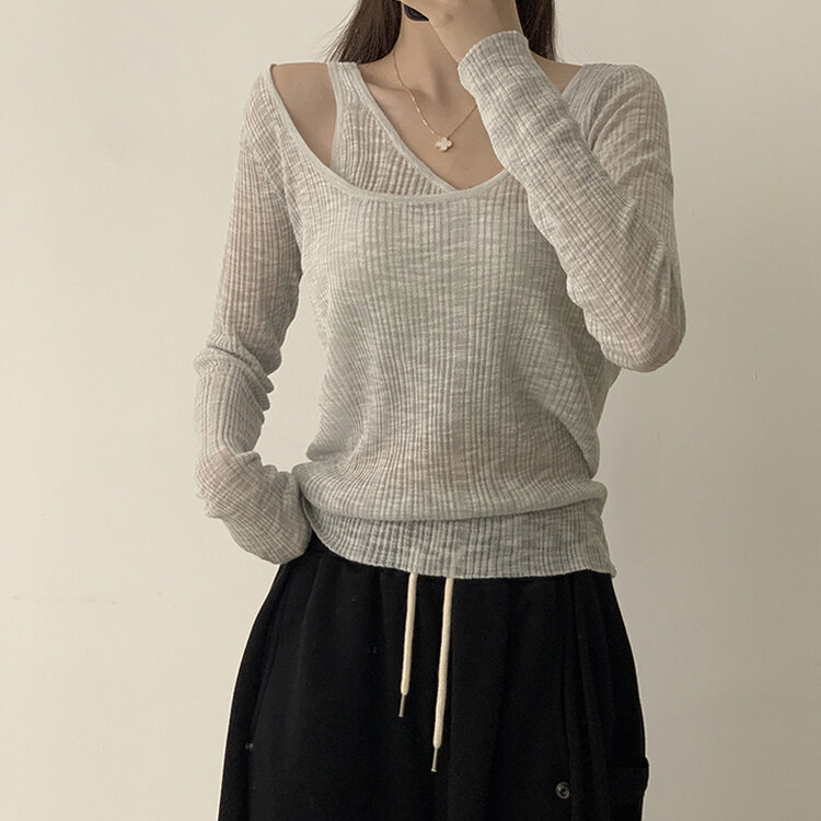 스킨스 원숄더 어깨 트임 레이어드 시스루 여름 긴팔 니트 티셔츠 2color 그레이