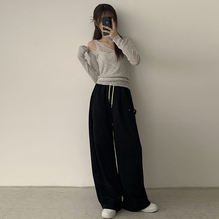 스킨스 원숄더 어깨 트임 레이어드 시스루 여름 긴팔 니트 티셔츠 2color 그레이