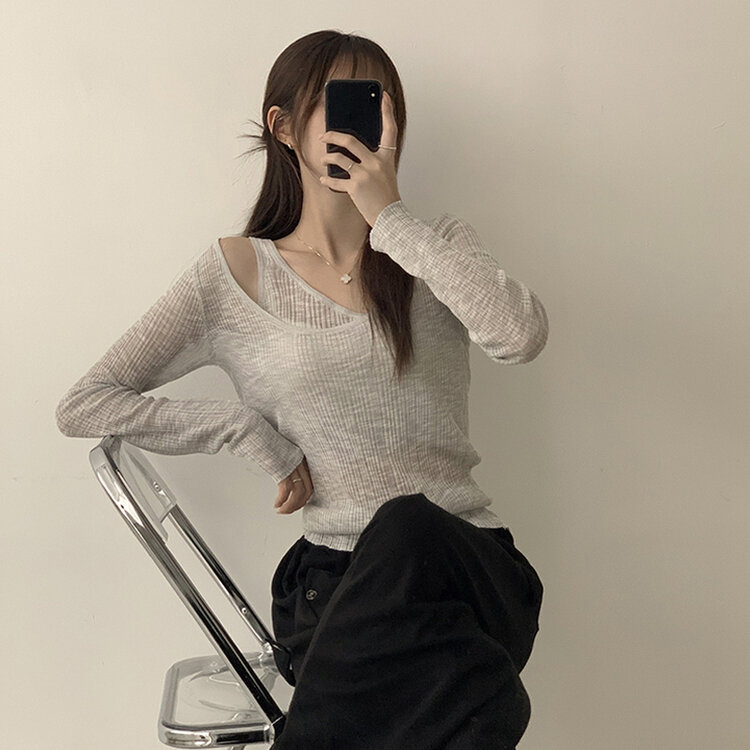 스킨스 원숄더 어깨 트임 레이어드 시스루 여름 긴팔 니트 티셔츠 2color 그레이