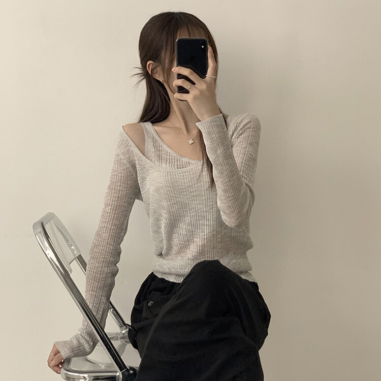 스킨스 원숄더 어깨 트임 레이어드 시스루 여름 긴팔 니트 티셔츠 2color 그레이