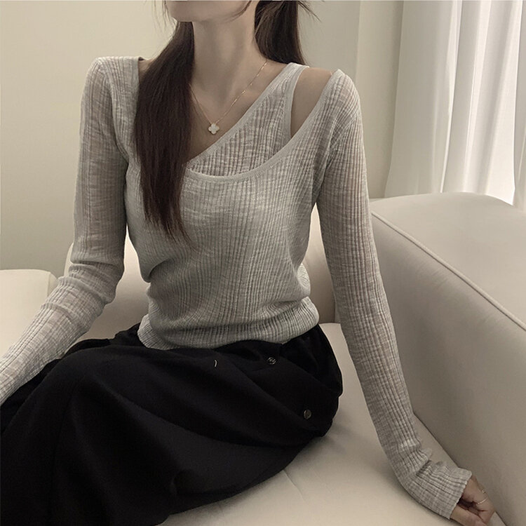 스킨스 원숄더 어깨 트임 레이어드 시스루 여름 긴팔 니트 티셔츠 2color 그레이