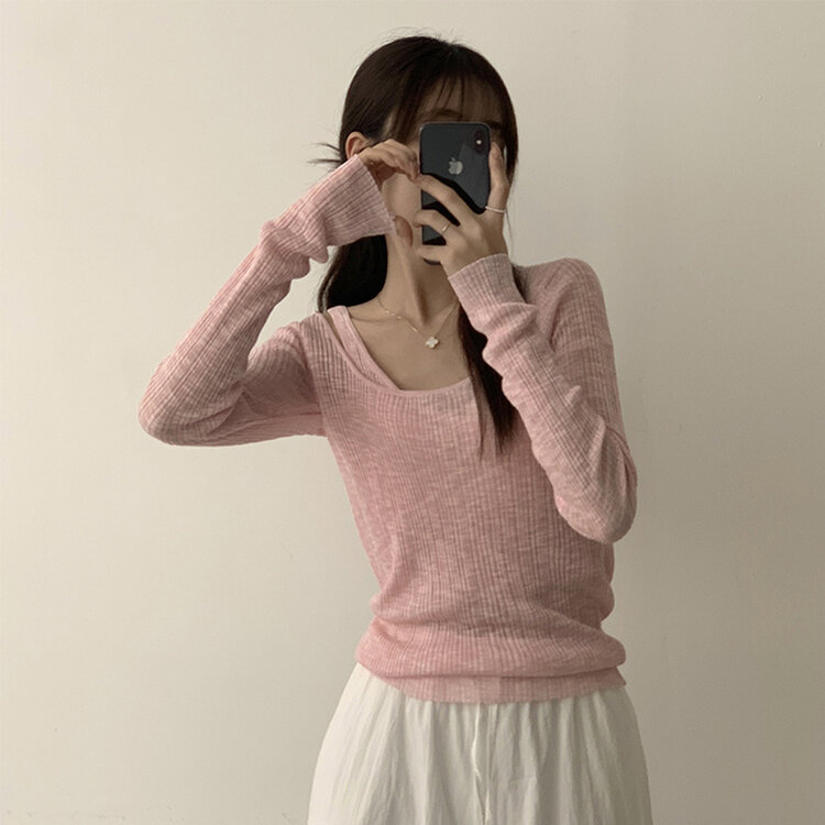 스킨스 원숄더 어깨 트임 레이어드 시스루 여름 긴팔 니트 티셔츠 2color 핑크