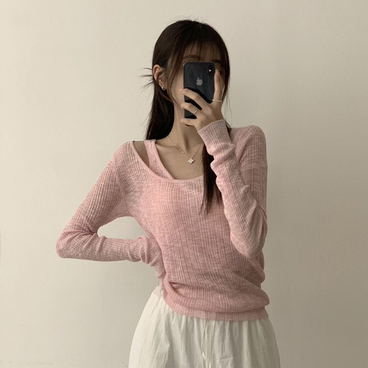 스킨스 원숄더 어깨 트임 레이어드 시스루 여름 긴팔 니트 티셔츠 2color 핑크
