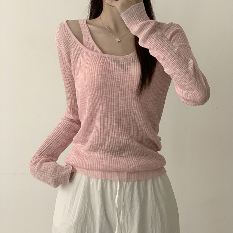 스킨스 원숄더 어깨 트임 레이어드 시스루 여름 긴팔 니트 티셔츠 2color 핑크