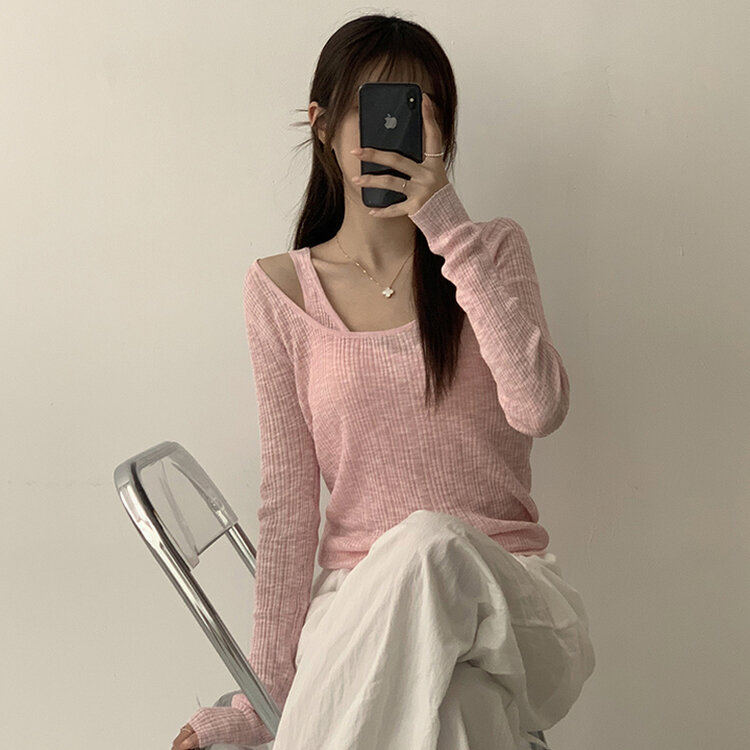 스킨스 원숄더 어깨 트임 레이어드 시스루 여름 긴팔 니트 티셔츠 2color 핑크