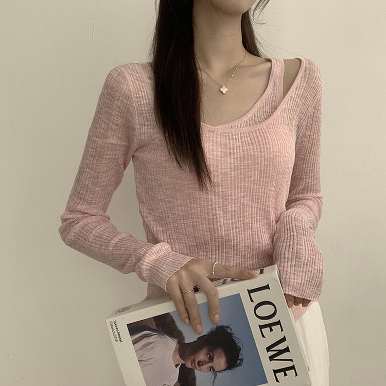 스킨스 원숄더 어깨 트임 레이어드 시스루 여름 긴팔 니트 티셔츠 2color 핑크