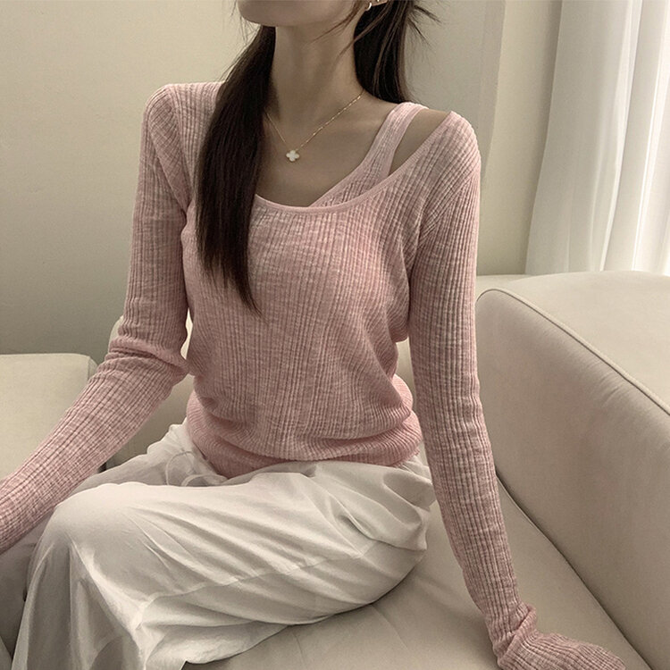 스킨스 원숄더 어깨 트임 레이어드 시스루 여름 긴팔 니트 티셔츠 2color 핑크