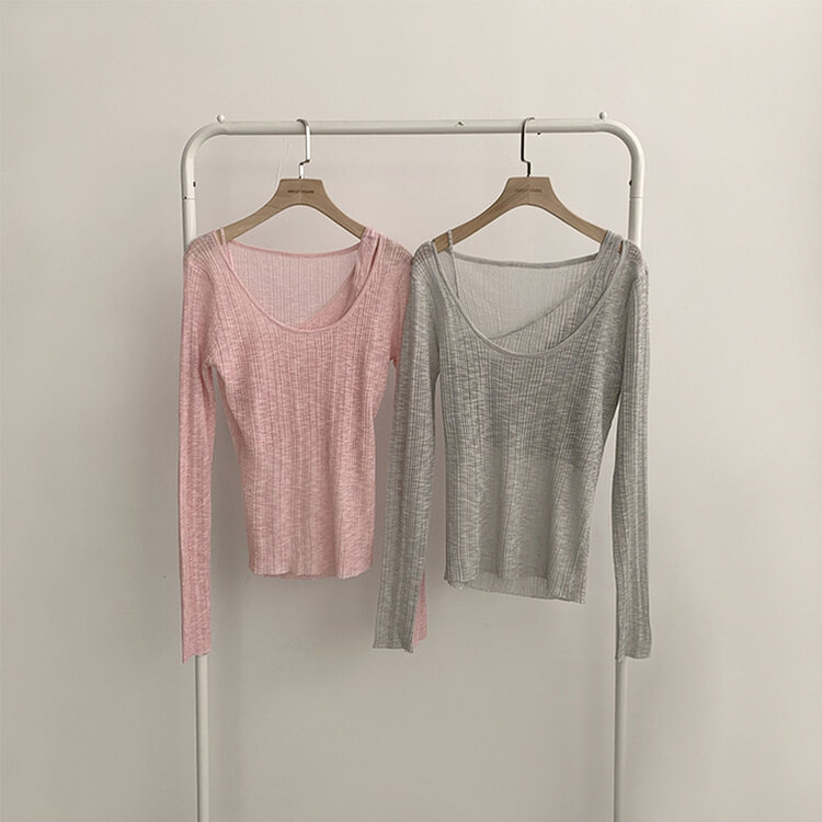 스킨스 원숄더 어깨 트임 레이어드 시스루 여름 긴팔 니트 티셔츠 2color