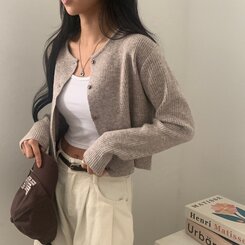 ベーシックラウンドネックカシウルニットカーディガン5色 BEIGE