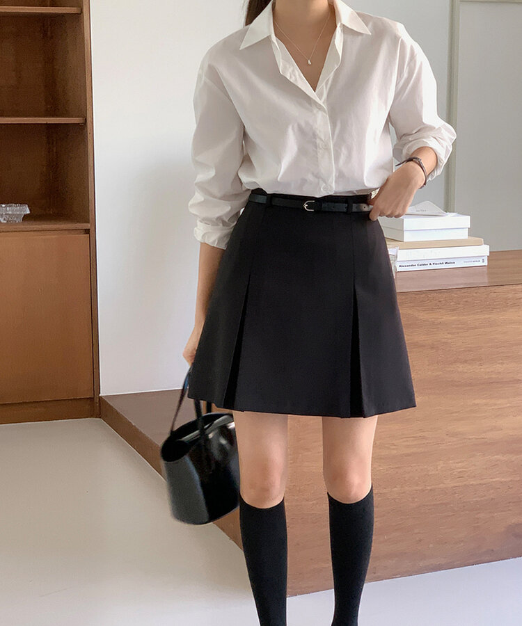 【+ベルト】ピンタックプリーツミニスカート BLACK