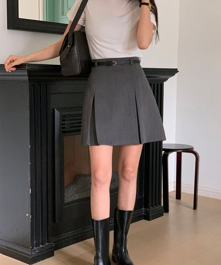 【+ベルト】ピンタックプリーツミニスカート CHARCOAL