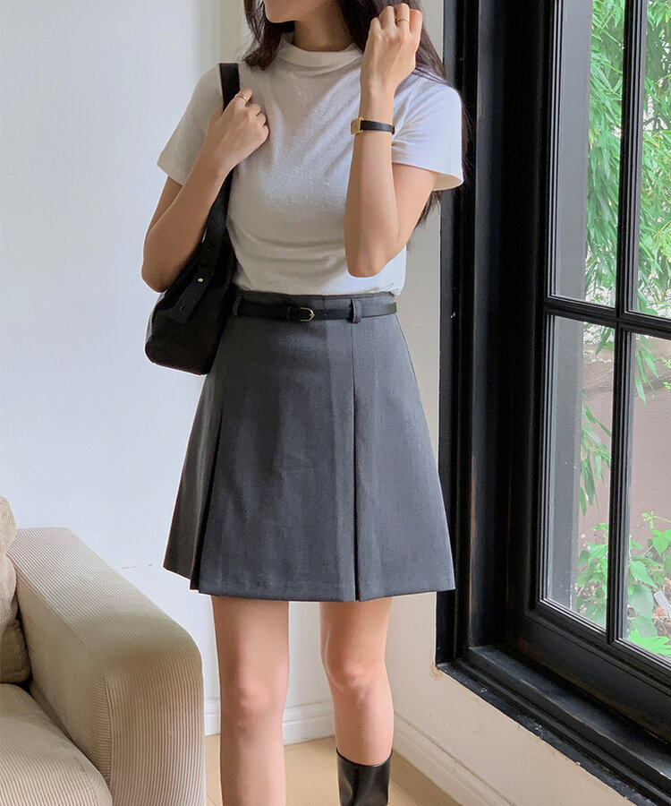 【+ベルト】ピンタックプリーツミニスカート CHARCOAL