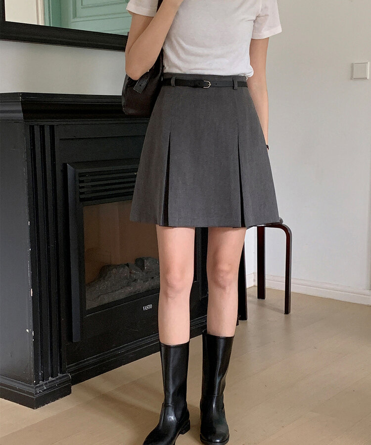 【+ベルト】ピンタックプリーツミニスカート CHARCOAL