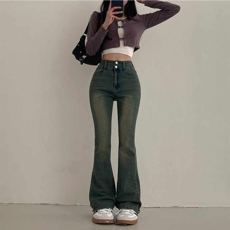 언더모어 투버튼 캣워싱 스판 부츠컷 데님 팬츠