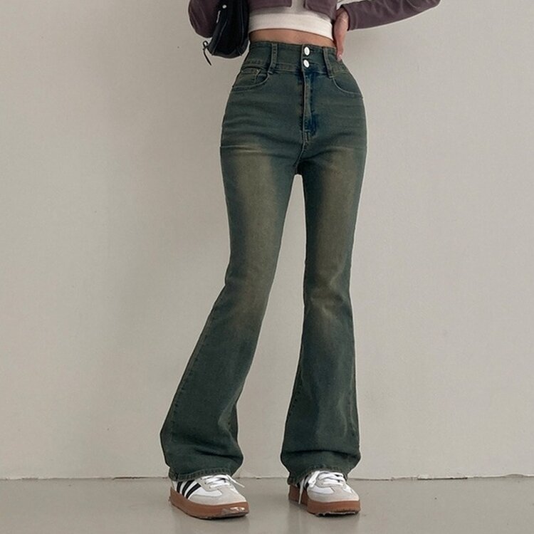 언더모어 투버튼 캣워싱 스판 부츠컷 데님 팬츠