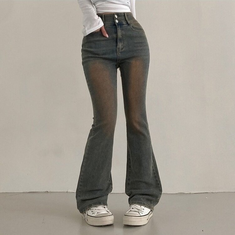 언더모어 투버튼 캣워싱 스판 부츠컷 데님 팬츠