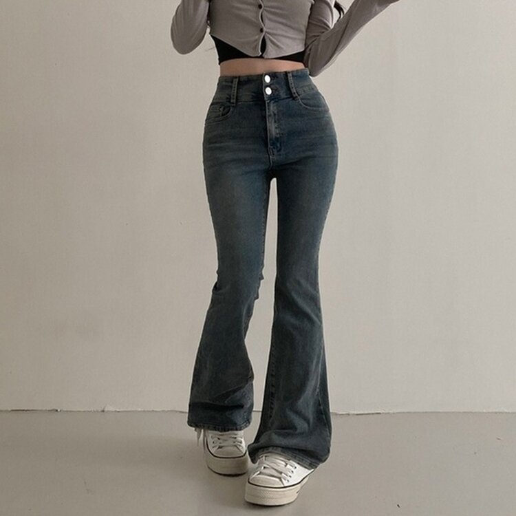 언더모어 투버튼 캣워싱 스판 부츠컷 데님 팬츠