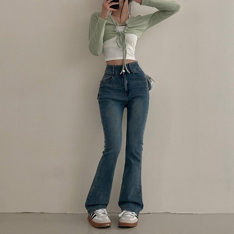 언더모어 투버튼 캣워싱 스판 부츠컷 데님 팬츠