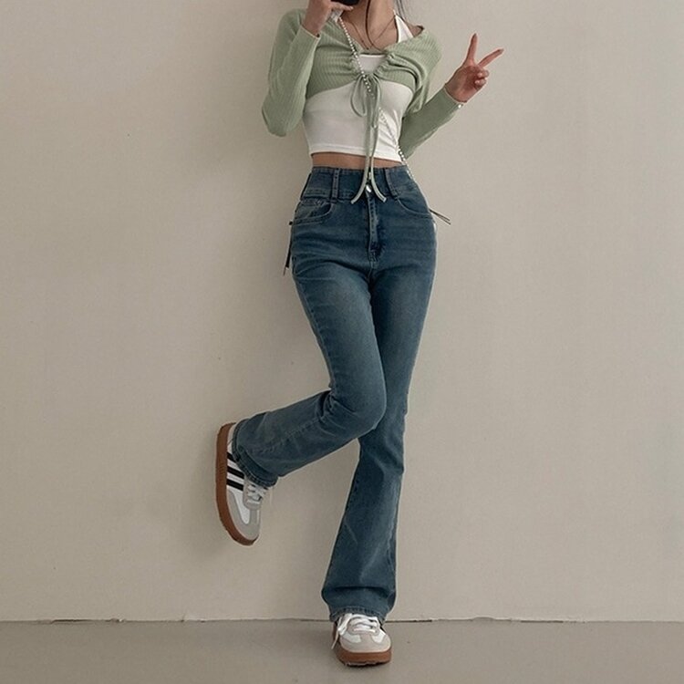 언더모어 투버튼 캣워싱 스판 부츠컷 데님 팬츠