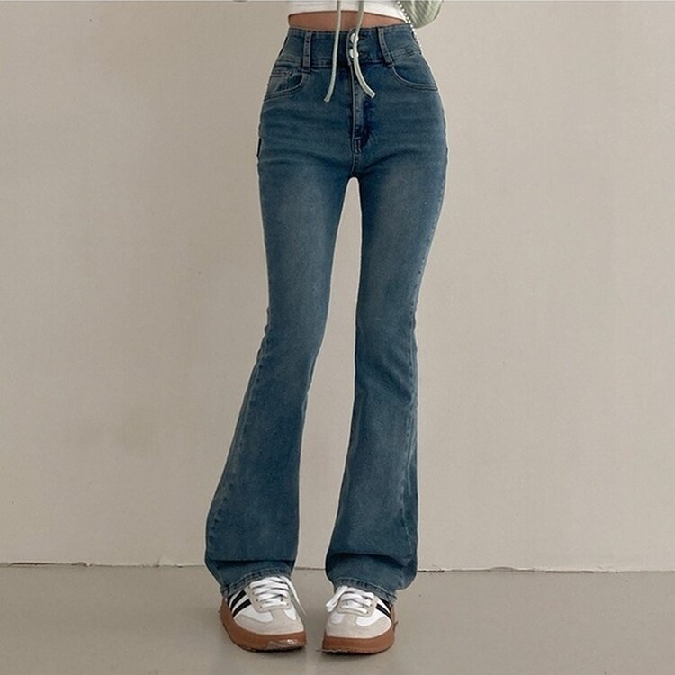 언더모어 투버튼 캣워싱 스판 부츠컷 데님 팬츠