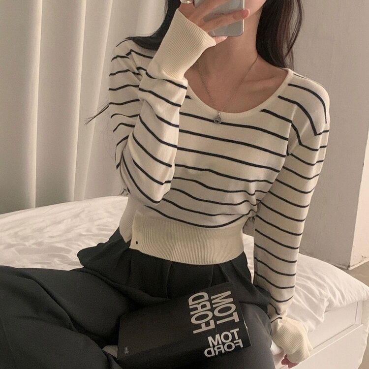 크림 단가라무지 트임 버튼 슬림 긴팔니트 10color 아이보리 블랙