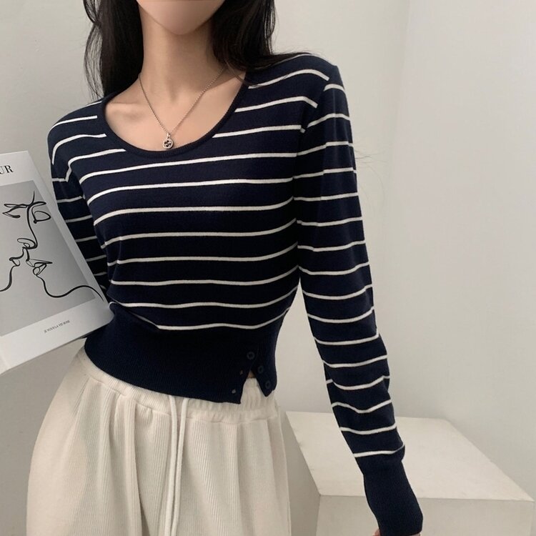 크림 단가라무지 트임 버튼 슬림 긴팔니트 10color 네이비 아이보리