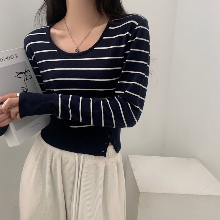 크림 단가라무지 트임 버튼 슬림 긴팔니트 10color 네이비 아이보리