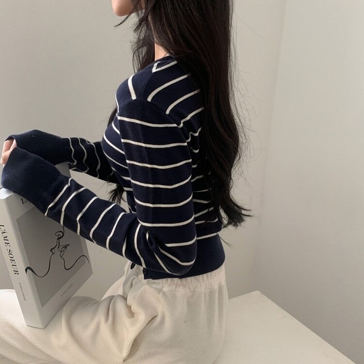 크림 단가라무지 트임 버튼 슬림 긴팔니트 10color 네이비 아이보리