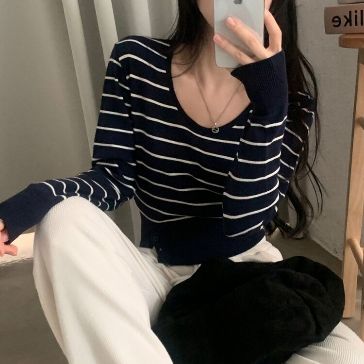 크림 단가라무지 트임 버튼 슬림 긴팔니트 10color 네이비 아이보리