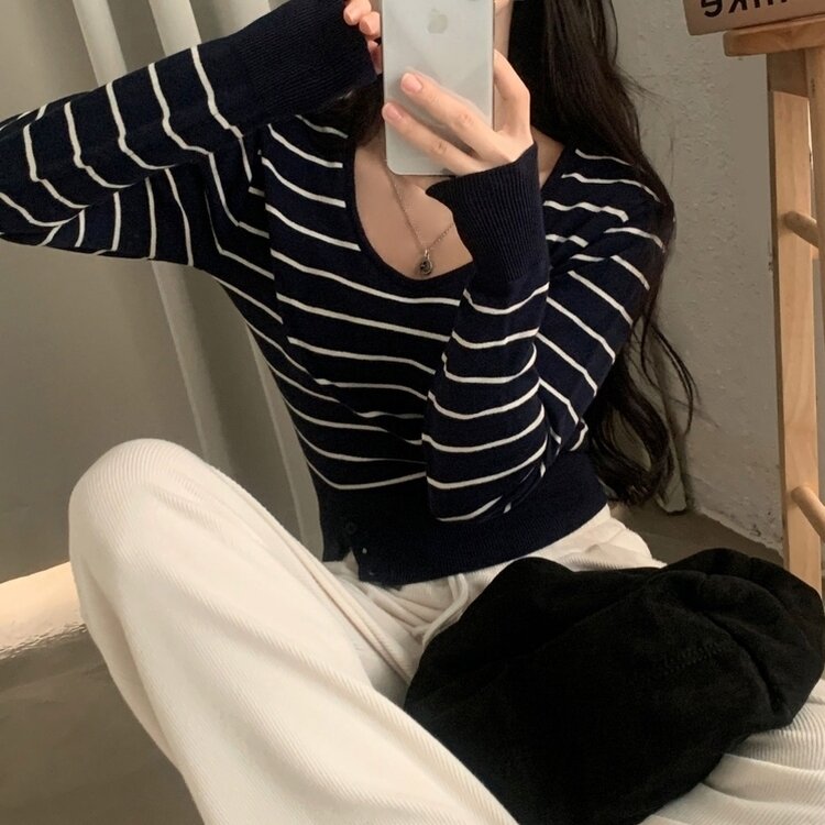 크림 단가라무지 트임 버튼 슬림 긴팔니트 10color 네이비 아이보리