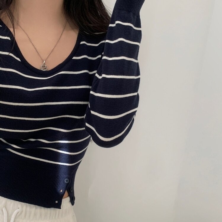 크림 단가라무지 트임 버튼 슬림 긴팔니트 10color 네이비 아이보리