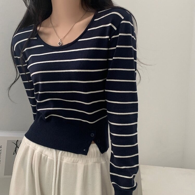 크림 단가라무지 트임 버튼 슬림 긴팔니트 10color 네이비 아이보리