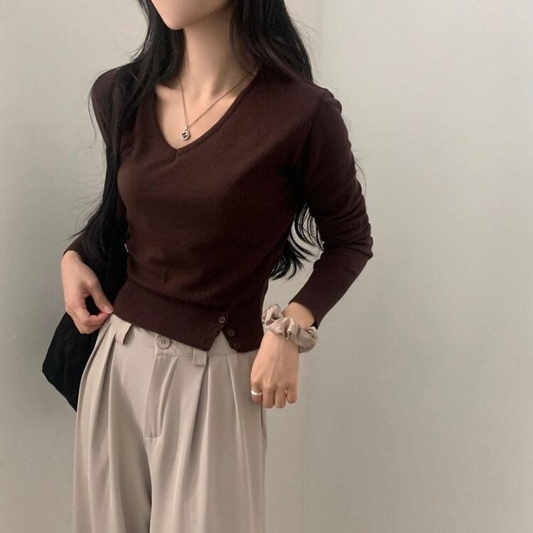 크림 단가라무지 트임 버튼 슬림 긴팔니트 10color 브라운