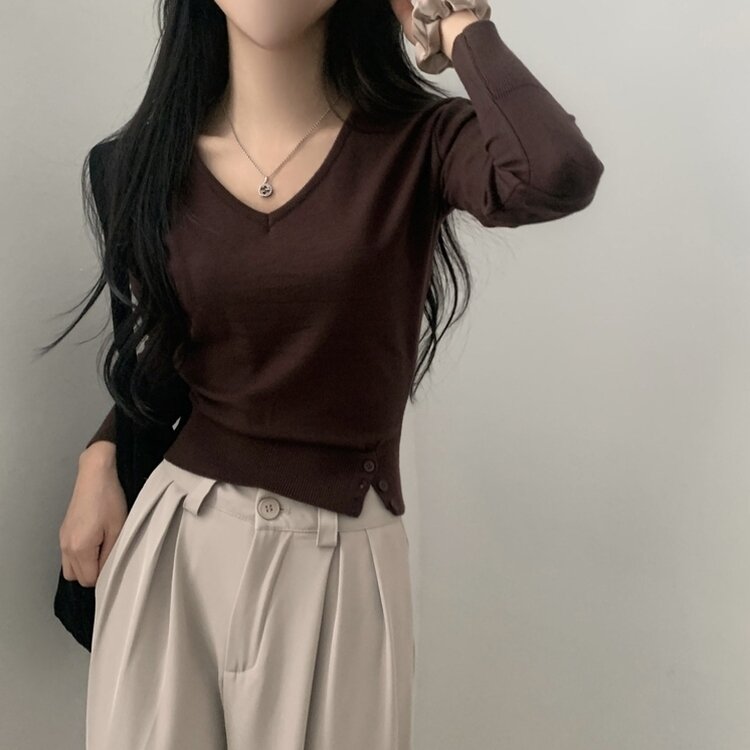 크림 단가라무지 트임 버튼 슬림 긴팔니트 10color 브라운