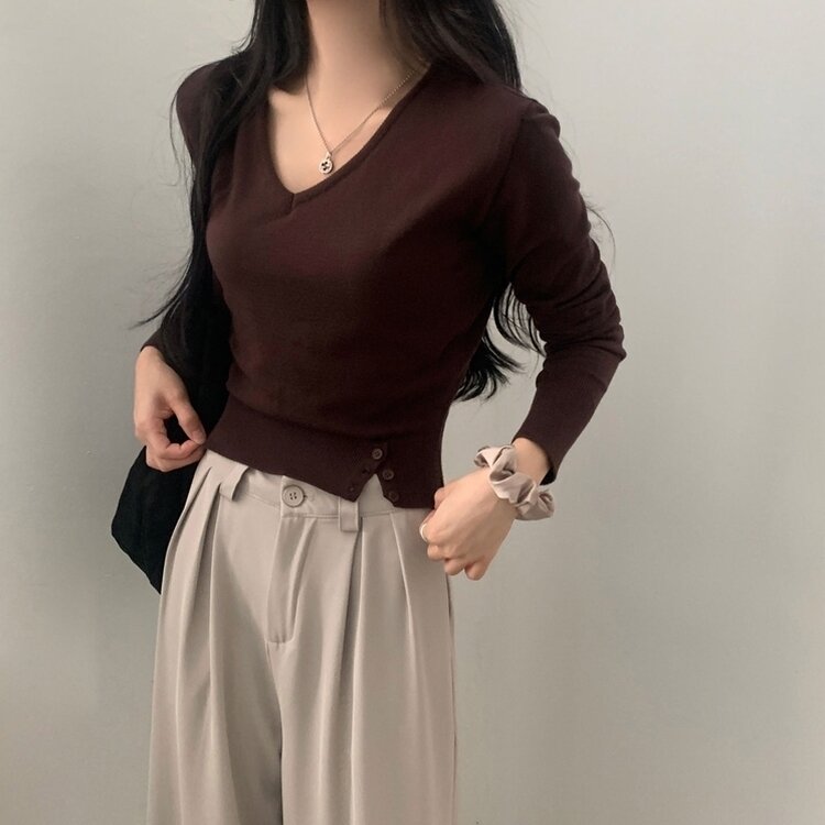 크림 단가라무지 트임 버튼 슬림 긴팔니트 10color 브라운