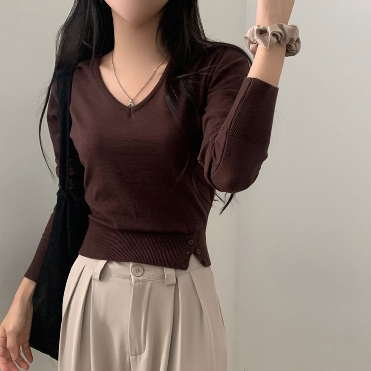 크림 단가라무지 트임 버튼 슬림 긴팔니트 10color 브라운