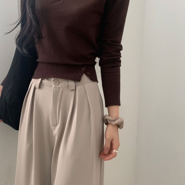 크림 단가라무지 트임 버튼 슬림 긴팔니트 10color 브라운